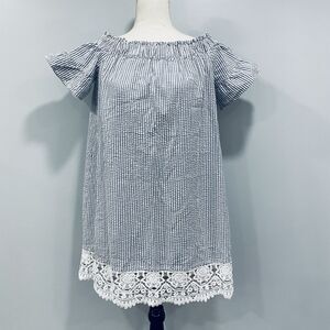 LOFT Beach S Blue White Seersucker Mini Dress Lace Off Shoulder Nautical Cottage